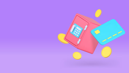 Banking account money savings safety security banner copy space vector illustration. Financial balance budget protection debit credit card and safe deposit investment security wealth protectionのイラスト素材