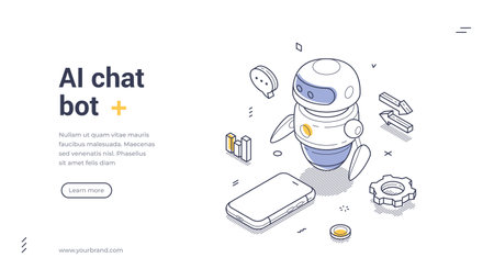 Friendly AI chat bot web banner template. Includes various elements like a smartphone and icons, suitable for digital marketing. Modern isometric vector illustrationのイラスト素材