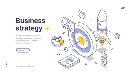 Web banner template illustrates a dynamic business strategy concept featuring isometric design elements. Vector illustrationのイラスト素材