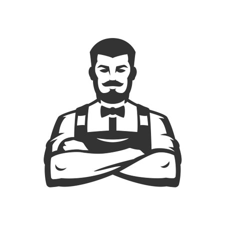 Brutal male barber shop hairdresser shaving minimalist icon for logo vector illustration. Barbershop hipster man portrait with crossed hands gentleman grooming service hairstyle monochrome badgeのイラスト素材