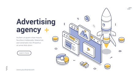 Web banner template showcases an advertising agency theme with isometric illustrations. It features a rocket, web pages, and design elements that promote digital creativity and innovation.のイラスト素材