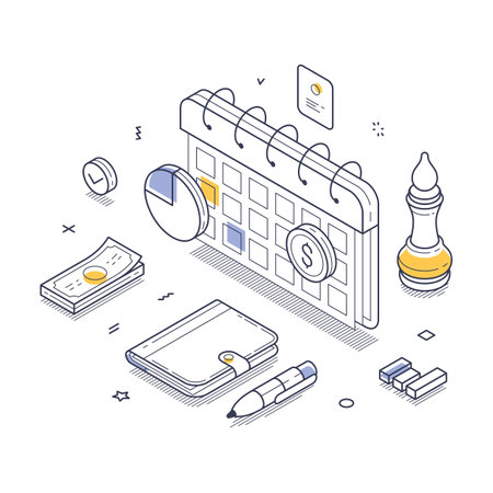 Business planning tools including a calendar, budget sheets, and strategic game pieces. Modern isometric line art vector illustrationのイラスト素材
