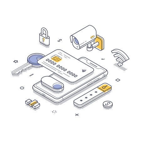 Credit card security concept, including a smartphone, security cameras, and padlocks. Importance of safeguarding financial transactions in a digital age. Modern isometric line art vector illustrationのイラスト素材