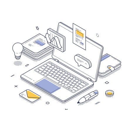 Stylish home office setup with a laptop, stationery, and work materials. Isometric line art captures the essence of productivity in a simple, modern design. Vector illustrationのイラスト素材