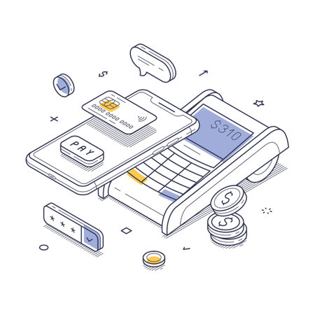 Modern payment process through contactless technology. A smartphone interacts with a payment terminal, highlighting easy and secure transactions. Isometric line art vector illustrationのイラスト素材