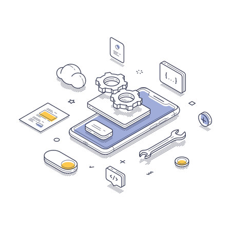 Isometric line art concept of app development. Central elements include a smartphone surrounded by icons like cloud storage, coding symbols, and tools. Modern isometric line art vector illustrationのイラスト素材