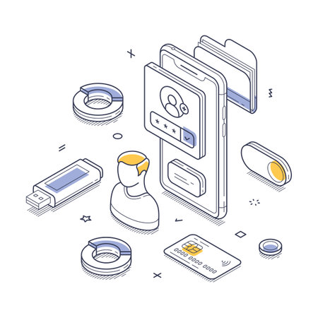 Modern technology setup focused on personal data management. Elements such as smartphone, USB drive, credit card, and user icons are prominently featured. Modern isometric line art vector illustrationのイラスト素材