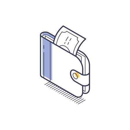 Icon features a stylish wallet in an isometric view, displaying a receipt peeking out. It represents concepts in finance, transactions, and personal budgeting.のイラスト素材