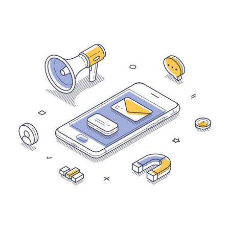 Smartphone surrounded by various communication tools such as a megaphone, message icons, and magnetic elements. Design emphasizes digital marketing themes. Modern vector illustrationのイラスト素材