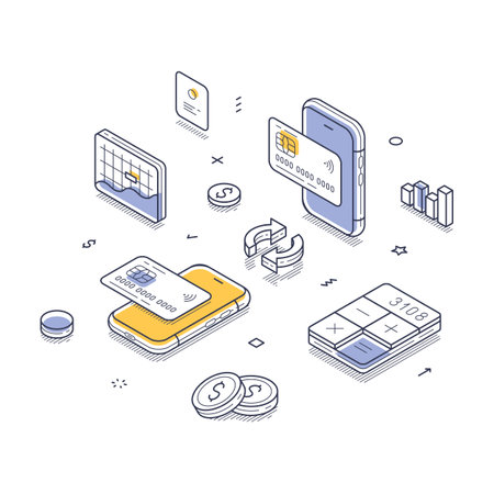 Modern isometric line illustration showcasing digital finance concepts. Elements include mobile devices, payment cards, data charts, and coins. Vector illustrationのイラスト素材