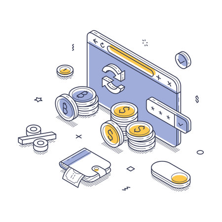 Digital currency exchange platform with various coins and a wallet. Modern vector isometric line illustrationのイラスト素材