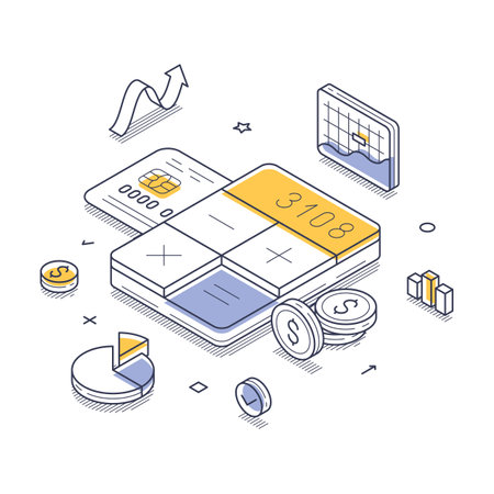 Dynamic financial scene where a calculator, charts, and coins highlight calculations and analytics in a modern workspace. It emphasizes digital finance. Modern vector isometric line illustrationのイラスト素材