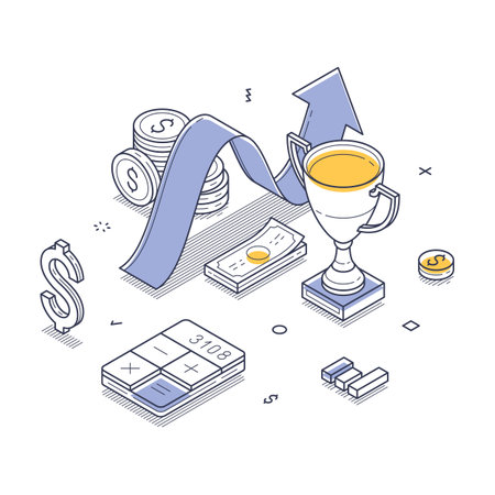 Modern isometric vector illustration depicting revenue growth. Elements like coins, a trophy, and an upward arrow emphasize financial success and achievement.のイラスト素材