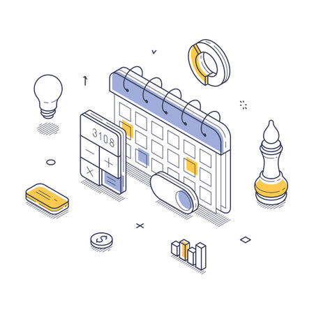 Modern elements like a calendar, calculator, light bulb, and graphs, illustrating concepts related to planning, scheduling, and productivity. Vector isometric line illustrationのイラスト素材