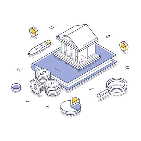 Modern isometric design showing financial analysis tools, including coins, charts, and a bank structure. Vector illustrationのイラスト素材