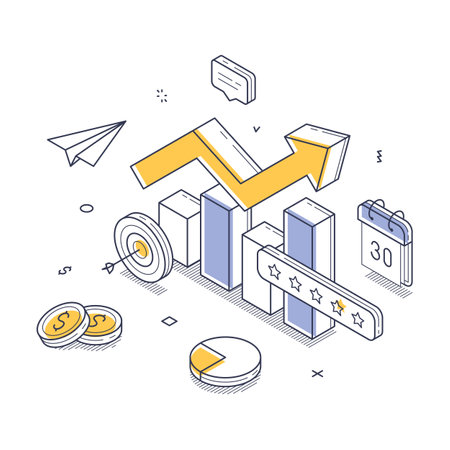 A dynamic illustration showing the concept of business growth through isometric design. It features graphs, coins, and charts representing financial success and analytics in a modern style.のイラスト素材