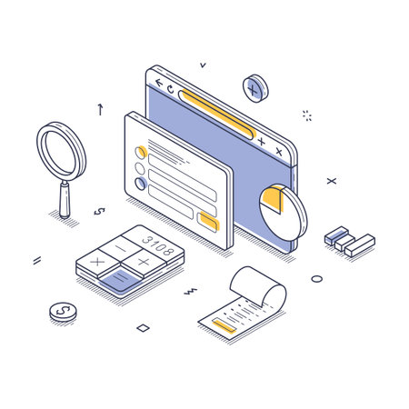 Online tax calculator service concept. Various digital finance and accounting tools, including a calculator, charts, and a browser interface. Modern isometric line vector illustrationのイラスト素材
