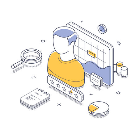 User profile surrounded by analytics tools such as charts, ratings, and notes. It portrays a modern workspace focused on data evaluation and performance insights. Vector illustrationのイラスト素材