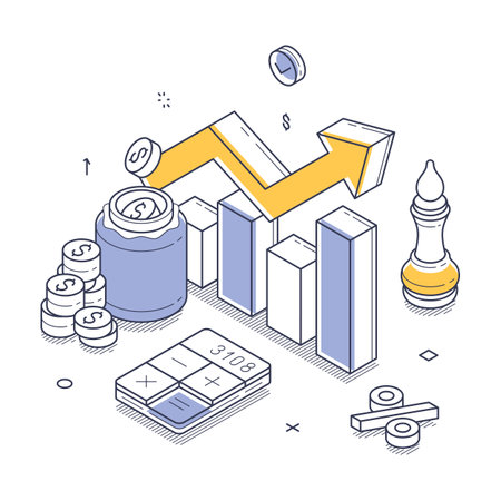 Investment solutions concept. Detailed representation of financial growth, featuring graphs, coins, and calculations. It highlights the upward movement of money management and investment strategiesのイラスト素材