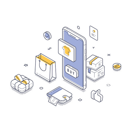 Smartphone showcasing an online shopping interface. Surrounding it are shopping bags, packages, and currency, highlighting the convenience of digital purchases. Modern isometric vector illustrationのイラスト素材