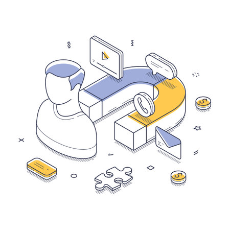Customer retention concept. A person interacts with various digital tools in a modern isometric setting, including devices and icons representing communication. Isometric line vector illustrationのイラスト素材