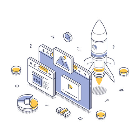 Advertising agency at work, featuring digital screens displaying creative content, a rocket symbolizing innovative ideas, and various graphic elements. Isometric line vector illustrationのイラスト素材