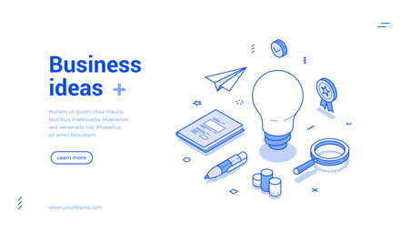 Business idea startup strategy brainstorming isometric web banner vector illustration. Creative solution generation productivity and efficiency landing page design templateのイラスト素材