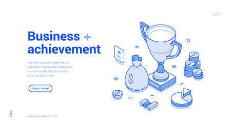 Business achievement corporate financial productivity and efficiency isometric web banner vector illustration. Company product project efficient marketing management strategy statistical analysisのイラスト素材