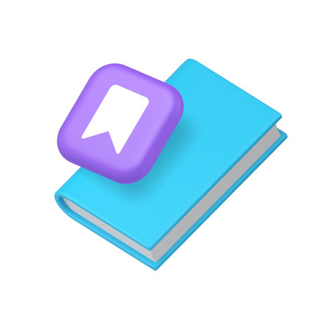 Book reading bookmark badge library literature education 3d icon realistic vector illustration. Paper literary tag flag for page information remember guidebook textbook encyclopedia novel dictionaryのイラスト素材