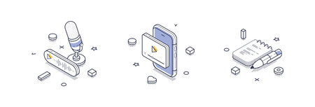 Essential tools for content creation, artwork features a microphone for audio recording, a...