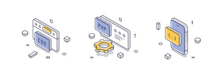 Colorful isometric line icons illustrating essential web development technologies such as CSS and PHP. Various elements representing coding and mobile applications. Vector illustrationのイラスト素材