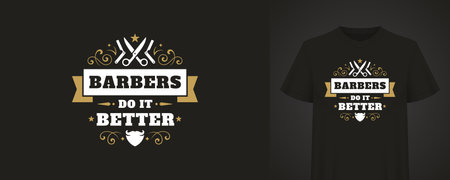Fashionable black t-shirt featuring a stylish retro design with barber tools, a bold quote, and decorative elements. Perfect for barbershop branding or casual wear. Vector illustrationのイラスト素材