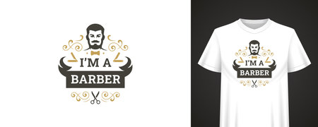 Classic barber quote design with retro styled male portrait, vintage decorative elements and scissors, perfect for clothing and fashion branding. Vector illustrationのイラスト素材