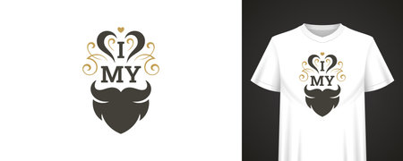 Minimalistic barbershop emblem with bold beard graphic, heart symbol, and stylish typography designed for apparel, branding, and grooming promotions. Suitable for t-shirt printing. Vector illustrationのイラスト素材