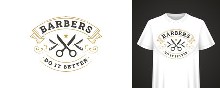 Classic barbershop emblem with scissors and razors, elegant banner and slogan, perfect for t-shirt design, barbershop identity, and apparel branding. Vector illustrationのイラスト素材
