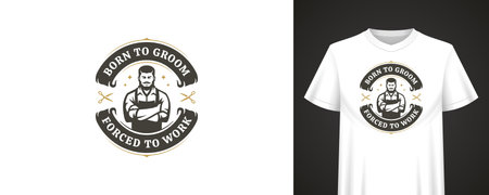 Stylized barbershop emblem with male barber figure, quote banner and scissors icon, ideal for apparel branding, t-shirt design, and barbershop promotion. Vector illustrationのイラスト素材