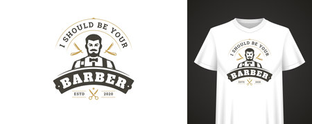 Vintage style barbershop design with male barber illustration, retro elements, bold quote, and classic details for apparel and branding usage. Vector illustrationのイラスト素材