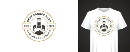 Classic barber emblem design with bearded man illustration, retro badge layout, bold typography, and decorative text elements for fashion t-shirt branding. Vector illustrationのイラスト素材