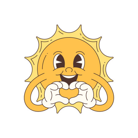 Funny smiling cartoon sun character with expressive face and gloved hands forming a heart shape. Bright and cheerful design ideal for positive themes and seasonal projects. Vector illustrationのイラスト素材