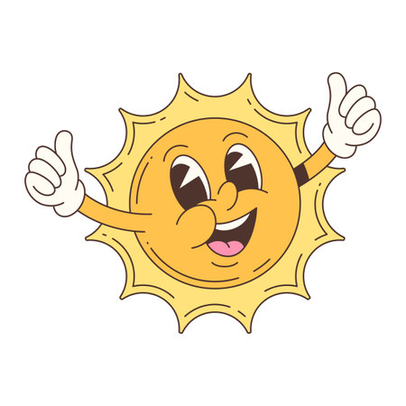 Positive sun mascot with joyful face and both hands showing thumbs up gesture. Energetic cartoon character expressing approval and happiness. Perfect for summer and kids projects. Vector illustrationのイラスト素材
