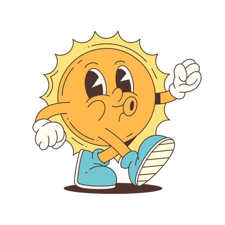 Energetic sun mascot character walking with a confident expression and big shoes. Cheerful design with playful attitude, perfect for fun, kids and summer themes. Vector illustrationのイラスト素材