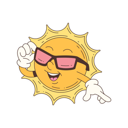 Cool sun mascot character wearing sunglasses and pointing with confidence. Fun and cheerful style with playful vibe, perfect for summer and kids themes. Vector illustrationのイラスト素材