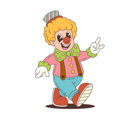 Bright and cheerful clown mascot wearing pink jacket, green bow tie, and striped hat. Perfect for fun events, circus themes, or children's entertainment. Vector illustrationのイラスト素材