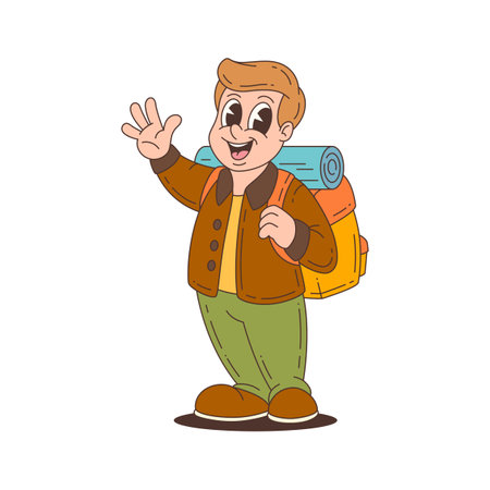 Brightly colored cartoon character cheerfully waving, wearing a backpack with sleeping bag, dressed in hiking gear, ready for outdoor adventure. Vector illustrationのイラスト素材