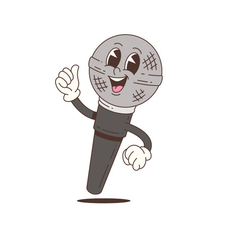 Cartoon mascot microphone character with big smile, thumbs up, and friendly expression. Perfect for entertainment, music, or promotional materials. Vector illustrationのイラスト素材