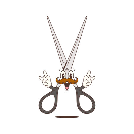 Creative mascot character designed as a pair of scissors with a mustache, expressive face, and playful hand gesture. Perfect for barber or stylist concepts. Vector illustrationのイラスト素材