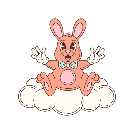 Cheerful bunny mascot sitting on fluffy cloud with joyful expression and colorful bow tie in whimsical cartoon style. Designed in flat graphic format. Vector illustrationのイラスト素材