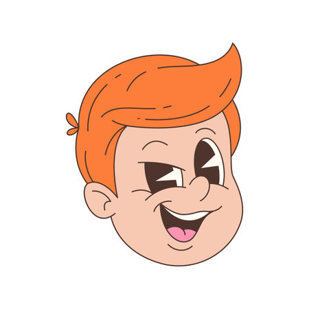 Happy boy mascot face with expressive eyes and bright red hair drawn in vintage cartoon style with bold outlines. Flat color scheme used for classic appeal. Vector illustrationのイラスト素材