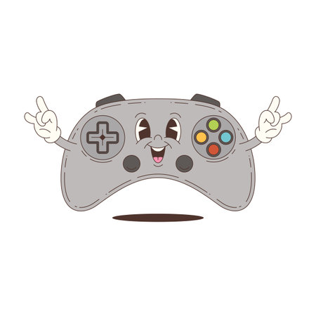 Joyful mascot game controller character with expressive face and hand gestures in cartoon retro style perfect for gaming content. Vector illustrationのイラスト素材