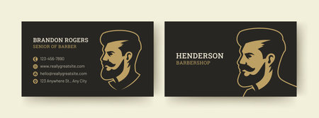 Modern black and gold business card template featuring a stylish barber profile illustration. Perfect for personal or corporate use, showcasing contact information. Vector illustrationのイラスト素材